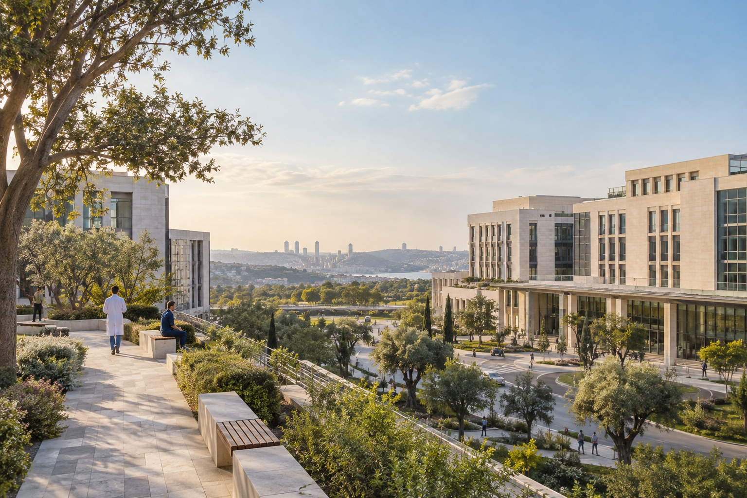 An illustrative healthcare campus seen from a landscaped terrace